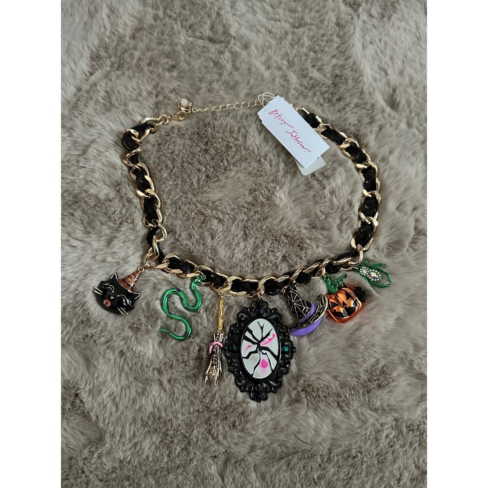 Betsey Johnson Halloween Charm Necklace Gold Tone Black Mirror Spooky Jewelry